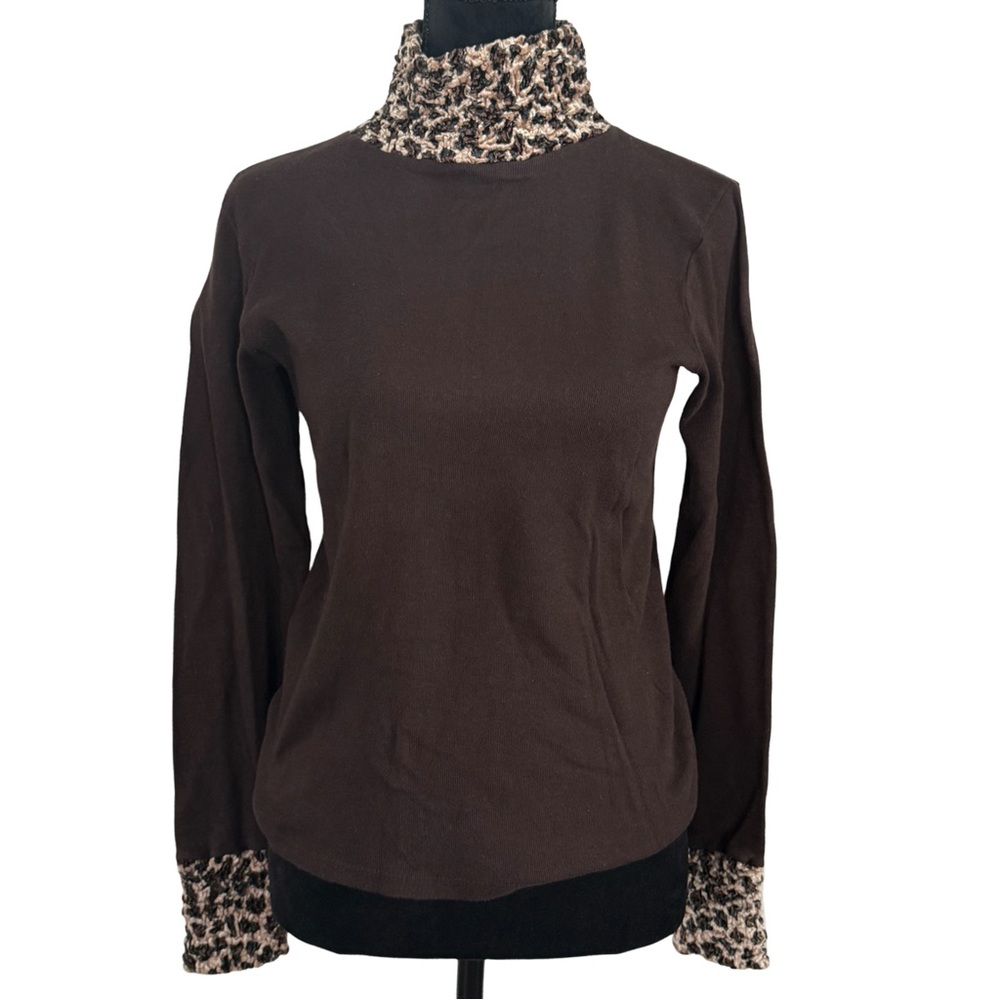 Vintage Blueprint One Size Brown Knit Top with‎ Textured Leopard Trim